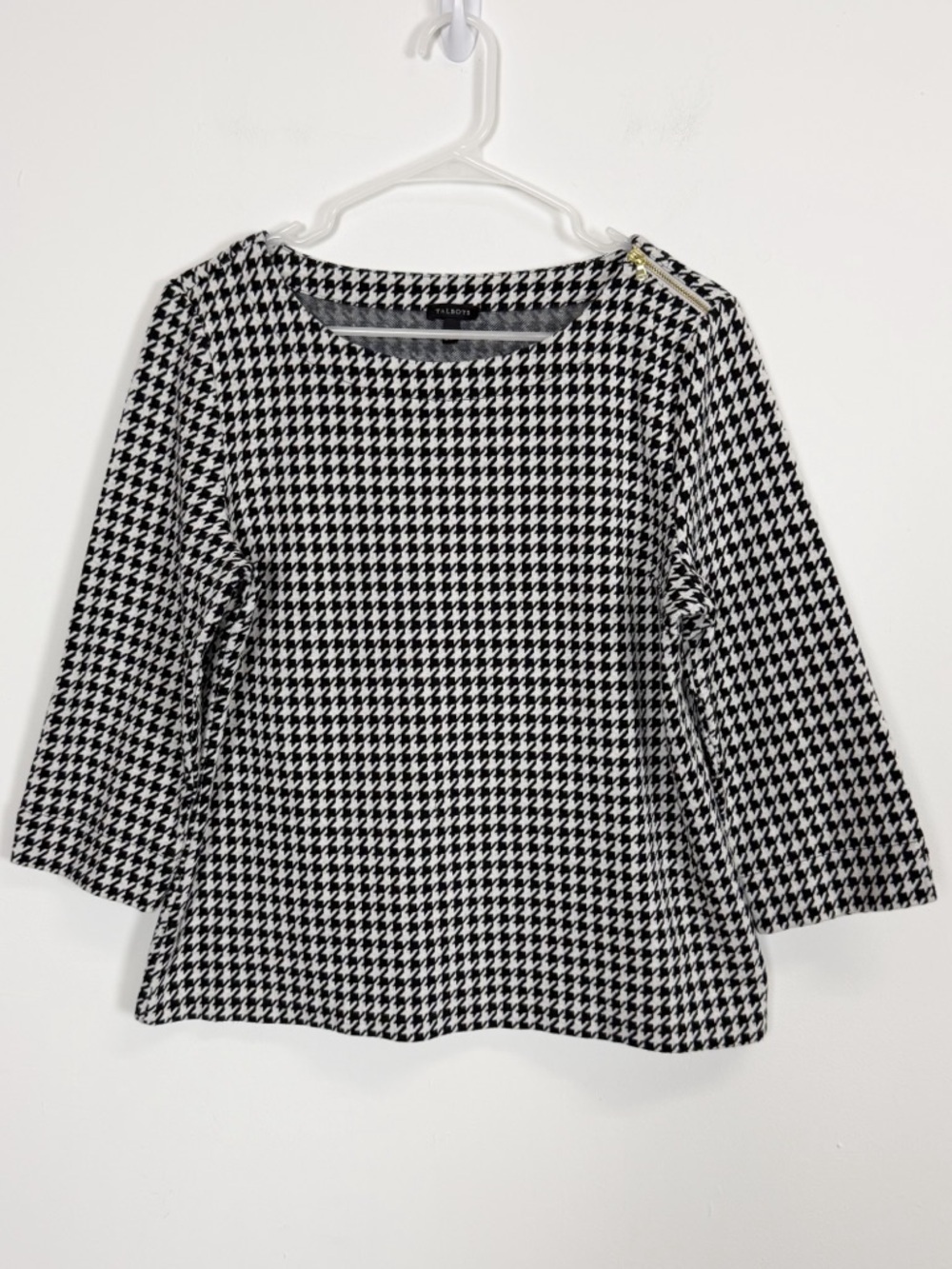 Talbots Houndstooth Shirt Womens Medium Black White 3/4 Sleeve Top
